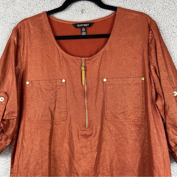 Ellen Tracy Top Womens Large Orange Metallic Linen Rayon Roll Tab Copper Tunic - Picture 5 of 11